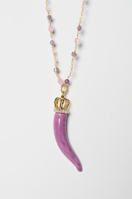 SICYLUI - COLLANA CORNO IN CERAMICA GLICINE CON CORONA E CORALLINI LILLA