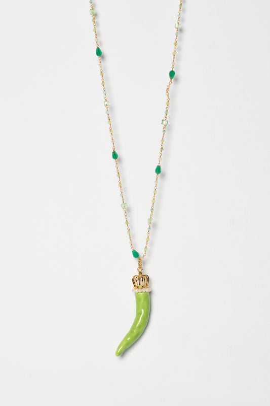 SICYLUI - COLLANA CORNO IN CERAMICA VERDE CON CORONA E CORALLINI VERDI E BEIGE