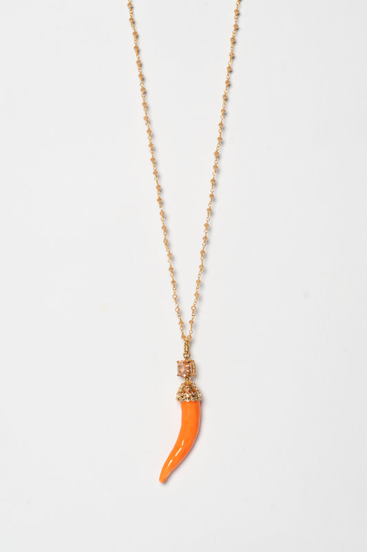 SICYLUI - COLLANA CORNO IN CERAMICA ARANCIO E CRISTALLO AMBRA
