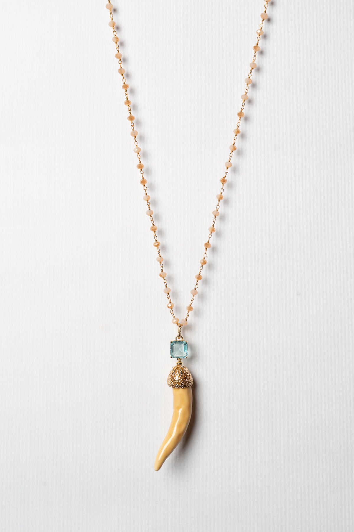 SICYLUI - AMBER CERAMIC HORN AND AQUAMARINE CRYSTAL NECKLACE