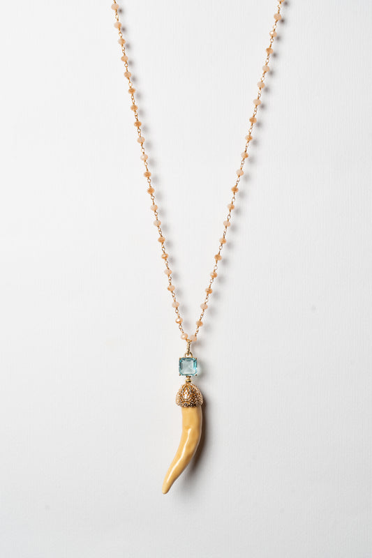 SICYLUI - COLLANA CORNO IN CERAMICA AMBRA E CRISTALLO ACQUAMARINA