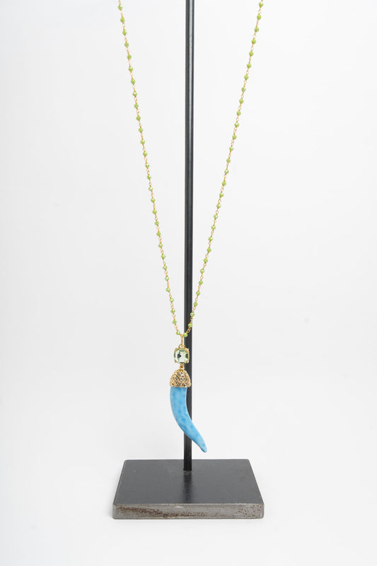 SICYLUI - COLLANA CORNO IN CERAMICA TURCHESE E CRISTALLO VERDE