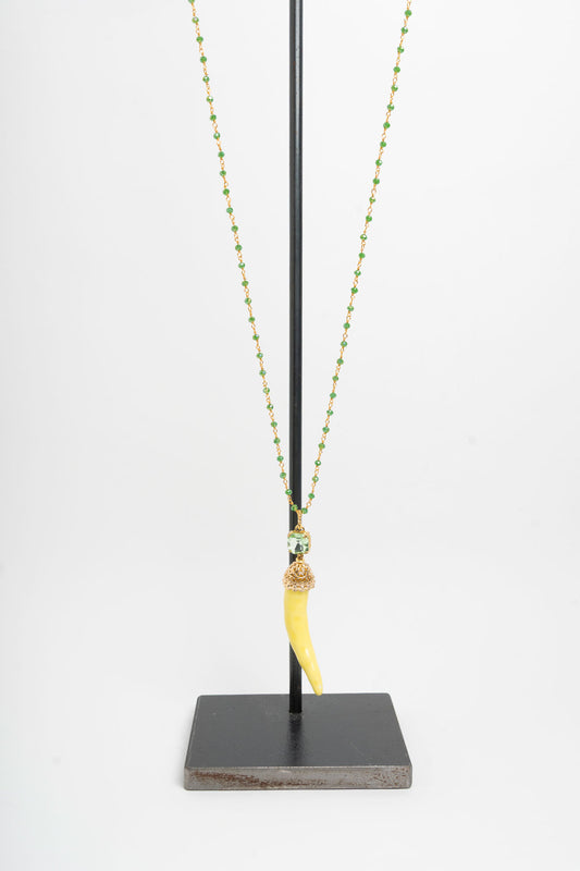 SICYLUI - COLLANA CORNO IN CERAMICA GIALLO E CRISTALLO VERDE