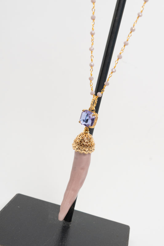 SICYLUI - COLLANA CORNO IN CERAMICA CIPRIA E CRISTALLO LILLA