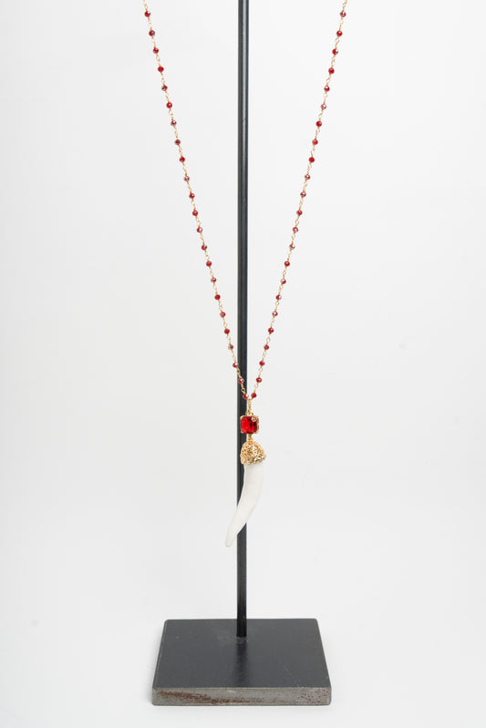 SICYLUI - COLLANA CORNO IN CERAMICA BIANCO E CRISTALLO ROSSO