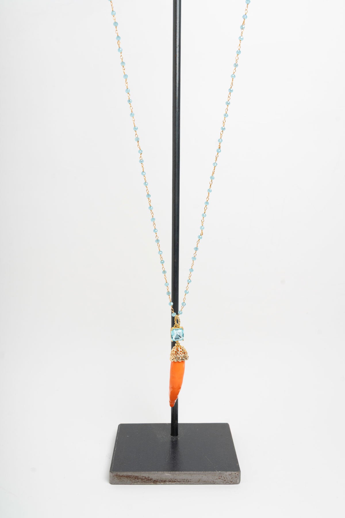 SICYLUI - COLLANA CORNO IN CERAMICA ARANCIO E CRISTALLO AZZURRO