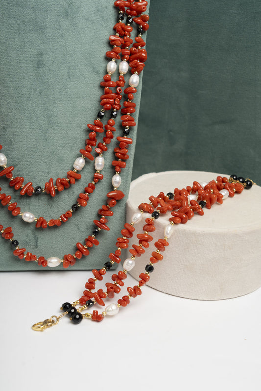 SICYLUI - BRACCIALE MULTIFILI CORALLO, SPINELLI NERI E PERLE