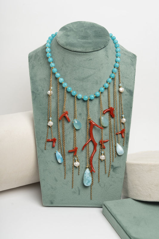 SICYLUI - COLLANA LARIMAR CON PENDENTI IN CORALLO