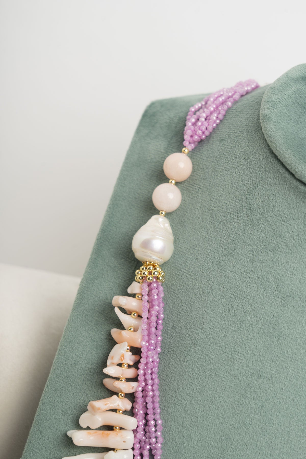 SICYLUI - COLLANA CORALLO ROSA ZIRCONI FUCSIA E GIADA ROSA