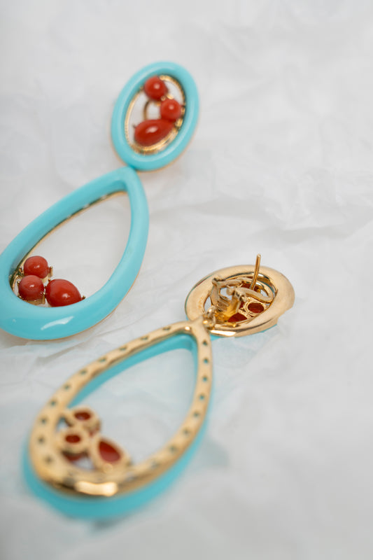 SOARA - ORECCHINI PENDENTI A GOCCIA IN TURCHESE E CORALLO