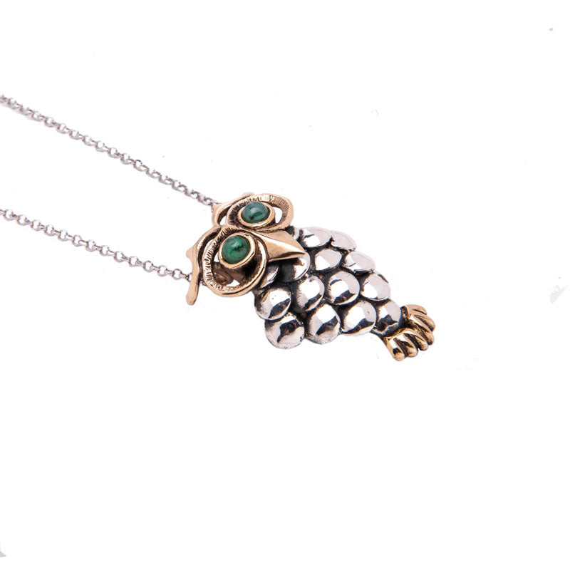 COLLANA CIVETTA CON OCCHI IN RADICE DI SMERALDO BRONZO E ARGENTO