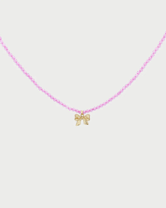 COLLANA GIROCOLLO CON FIOCCO DORATO E FIRLO ZIRCONI ROSA