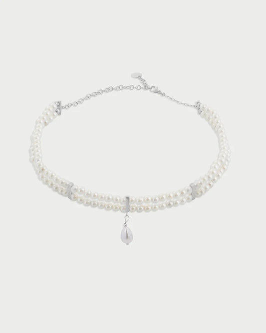 RDM- COLLANA CHOCKER ELASTICO DOPPIO FILO DI PERLE E PENDENTE CENTRALE
