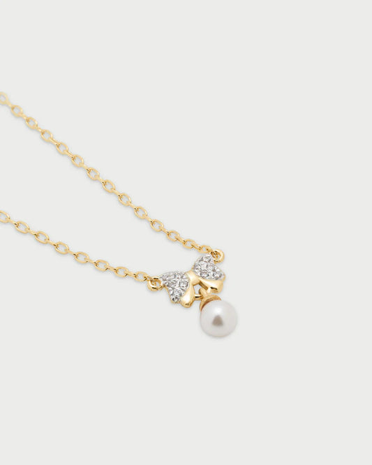 COLLANA GIROCOLLO ARGENTO DORATO FIOCCO PAVE' ZIRCONI E PERLA PENDENTE