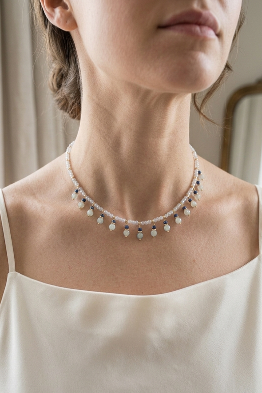 SICYLUI - COLLANA CHOCKER CON ZIRCONI BIANCHI ED ACQUAMARINA PENDENTE