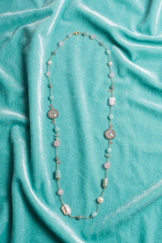 SICYLUI - LONG NECKLACE WITH AMAZONITE AND ROSE QUARTZ