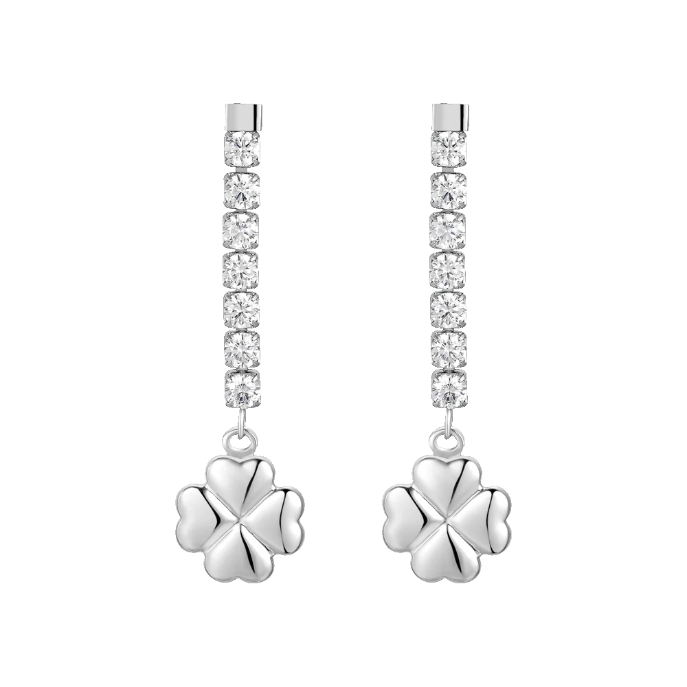 LUCA BARRA - ORECCHINI DONNA IN ACCIAIO CON QUADRIFOGLIO E ZIRCONI BIANCHI