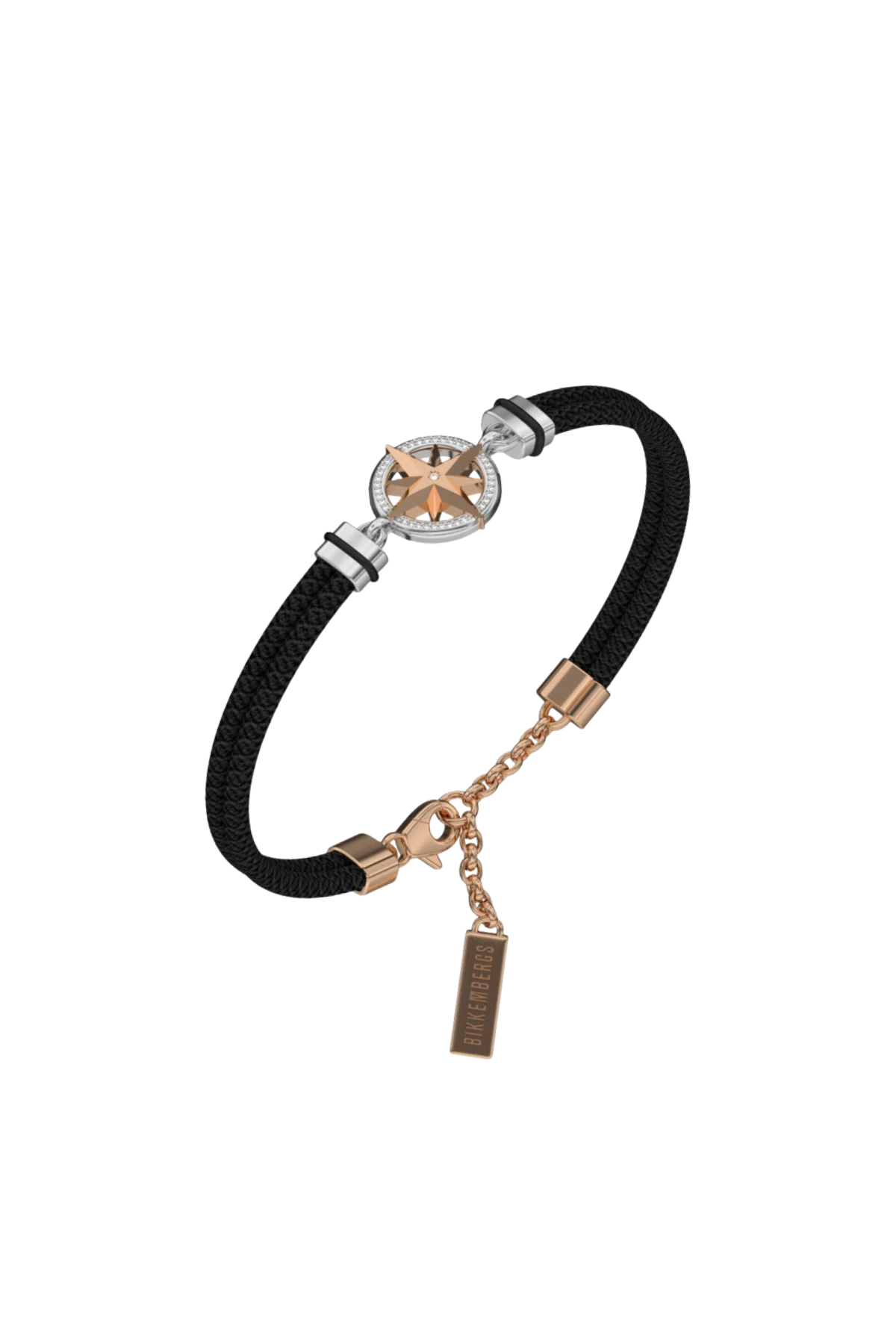 BIKKEMBERGS - BRACCIALE MARINE IN COTONE NERO E INSERTI DI ACCIAIO CON BUSSOLA ROSE'