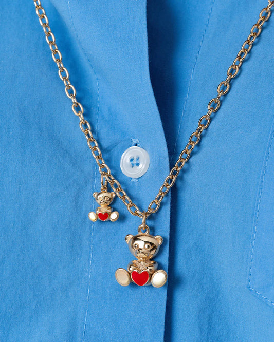 CHARM BAR - CIONDOLO ORSO BERTO XL ARGENTO DORATO E CUORE SMALTO ROSSO