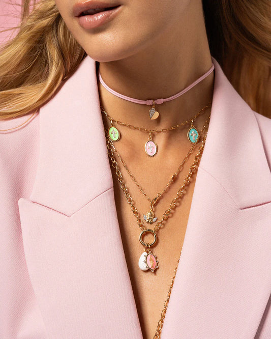 CHARM BAR - CIONDOLO CROCE IN ARGENTO DORATO SMALTO VERDE E ZIRCONI BIANCHI