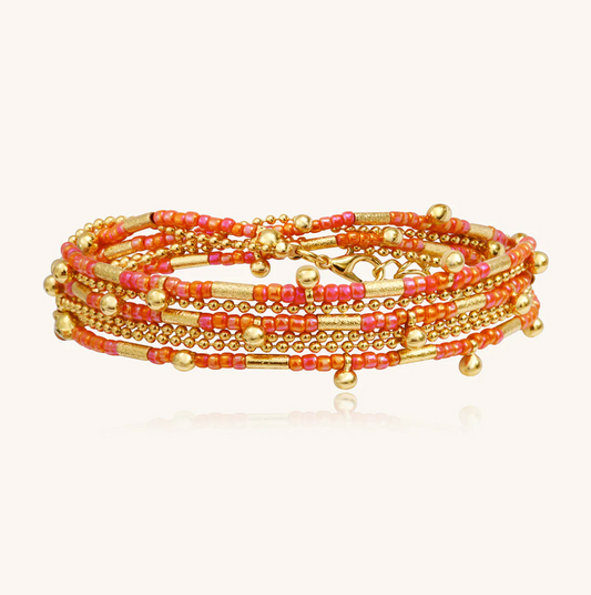 SANTIBE' - COLLANA/BRACCIALE 3 WRAP OTTONE E PERLINE CORALLO
