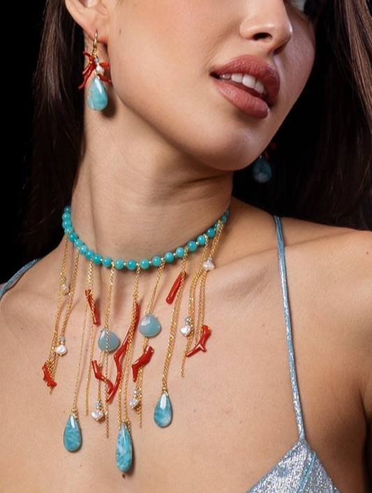 SICYLUI - COLLANA LARIMAR CON PENDENTI IN CORALLO