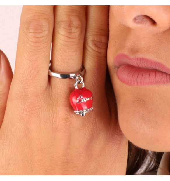 AMO CAPRI - ANELLO METALLO CON CAMPANELLA SMALTO ROSSO E CRISTALLI