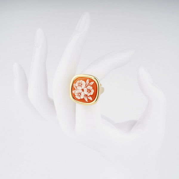 CAMEO ITALIANO - ANELLO CLASSICA CON CAMEO CON TRIS DI FIORI