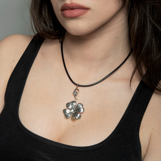 COLLANA QUADRIFOGLIO CON COCCINELLA ARGENTO E BRONZO