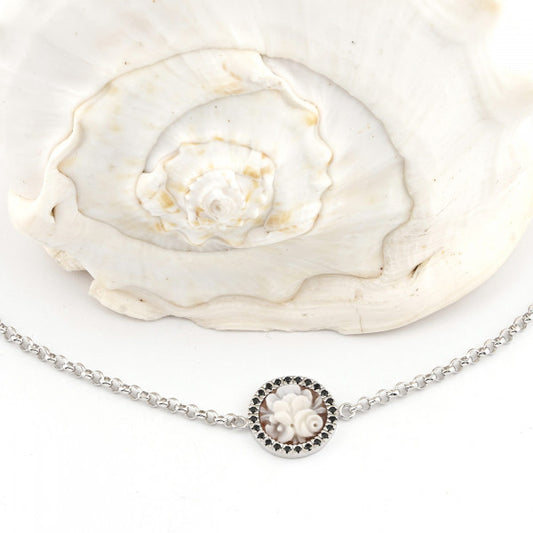 CAMEO ITALIANO - BRACCIALE SUNRISE CON CAMEO CENTRALE FIORI E CONTORNO DI ZIRCONI NERI