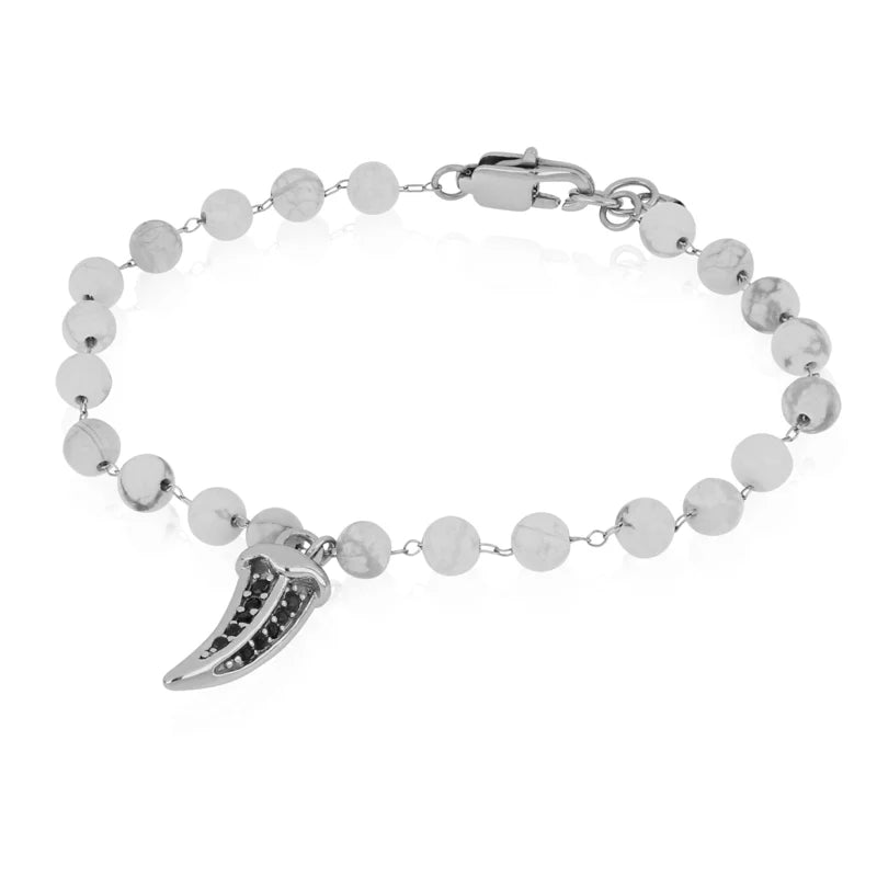 GOYATE' - BRACCIALE AGATA BIANCA CIONDOLO ZANNA CON ZIRCONI NERI