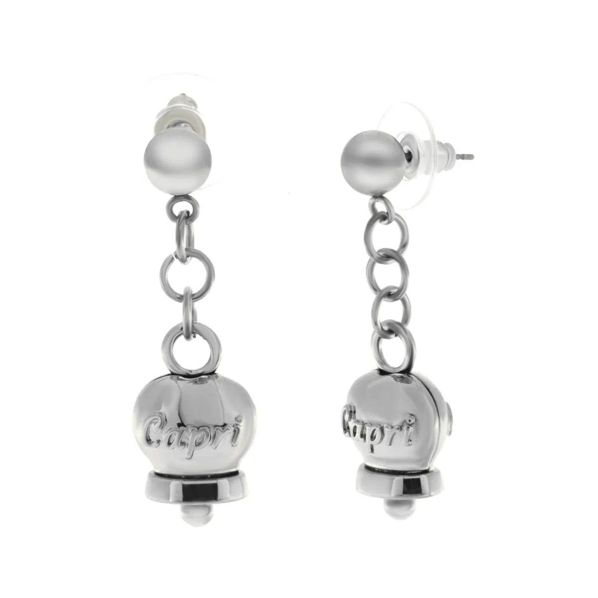 AMO CAPRI - ORECCHINI CON MINI CAMPANELLE PENDENTI RODIO E SCRITTA CAPRI
