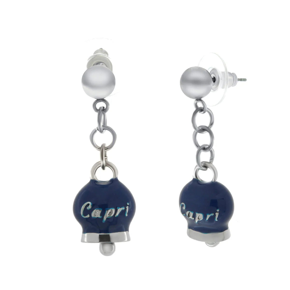 AMO CAPRI - ORECCHINI CON CAMPANELLE PICCOLE PENDENTI SMALTO BLU SCRITTA CAPRI