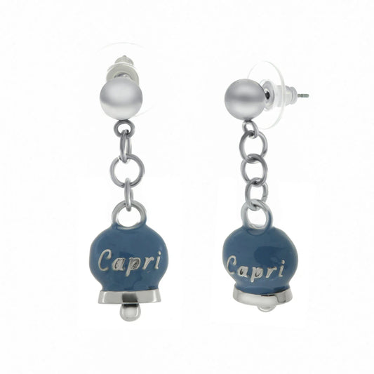 AMO CAPRI - ORECCHINI CON CAMPANELLE PENDENTI MINI SMALTO AVIO SCRITTA CAPRI