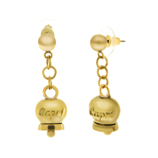 AMO CAPRI - ORECCHINI CON CAMPANELLE PENDENTI MINI PLACCATE ORO SCRITTA CAPRI