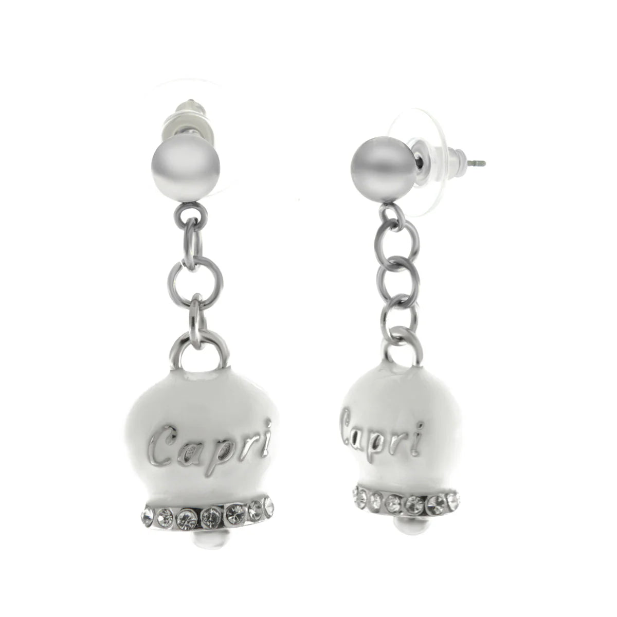 AMO CAPRI - ORECCHINI CON CAMPANELLE CAPRI PENDENTI SMALTO BIANCO E CRISTALLI