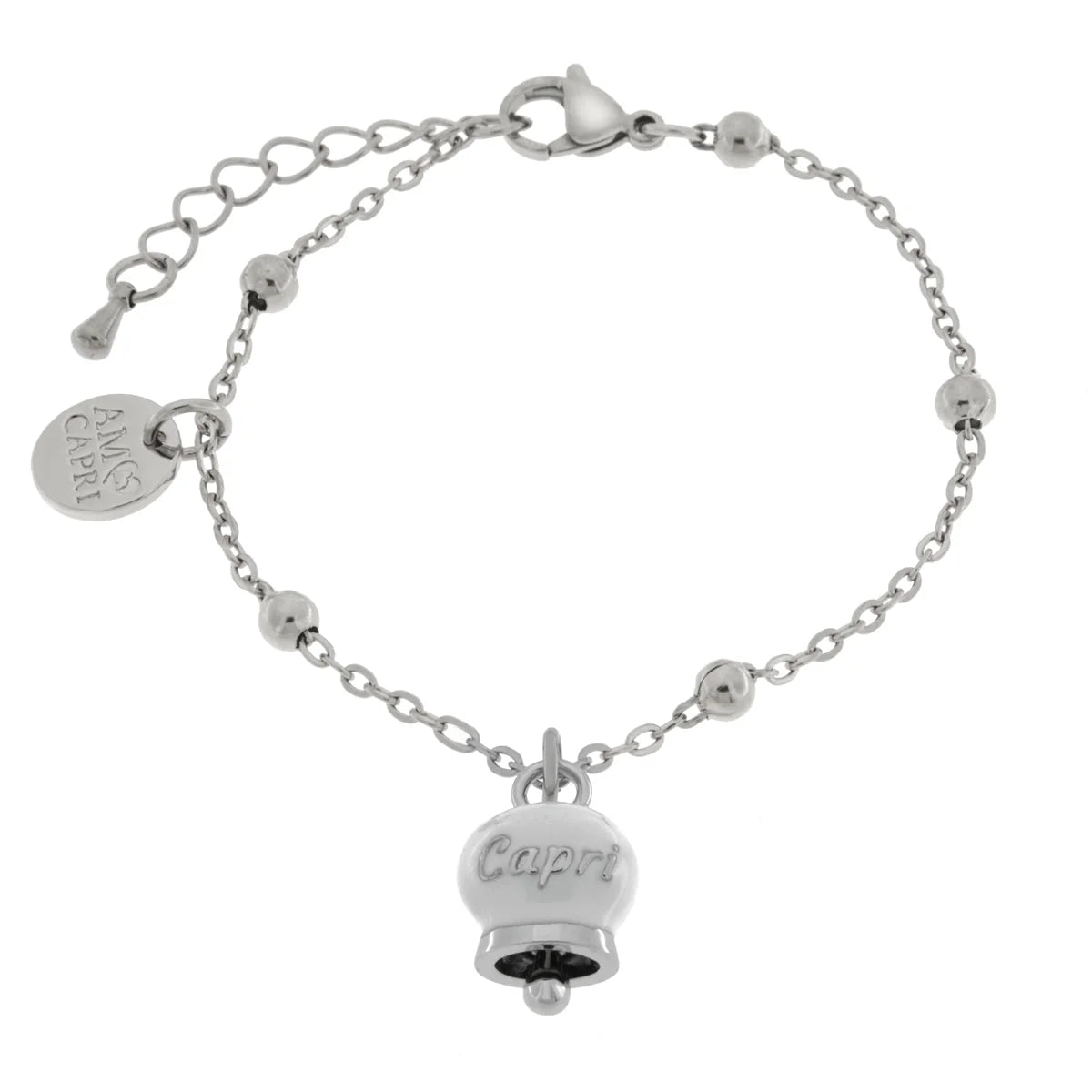 AMO CAPRI - BRACCIALE IN ACCIAIO CON CAMPANELLA PICCOLA BIANCA SCRITTA CAPRI (Copia)