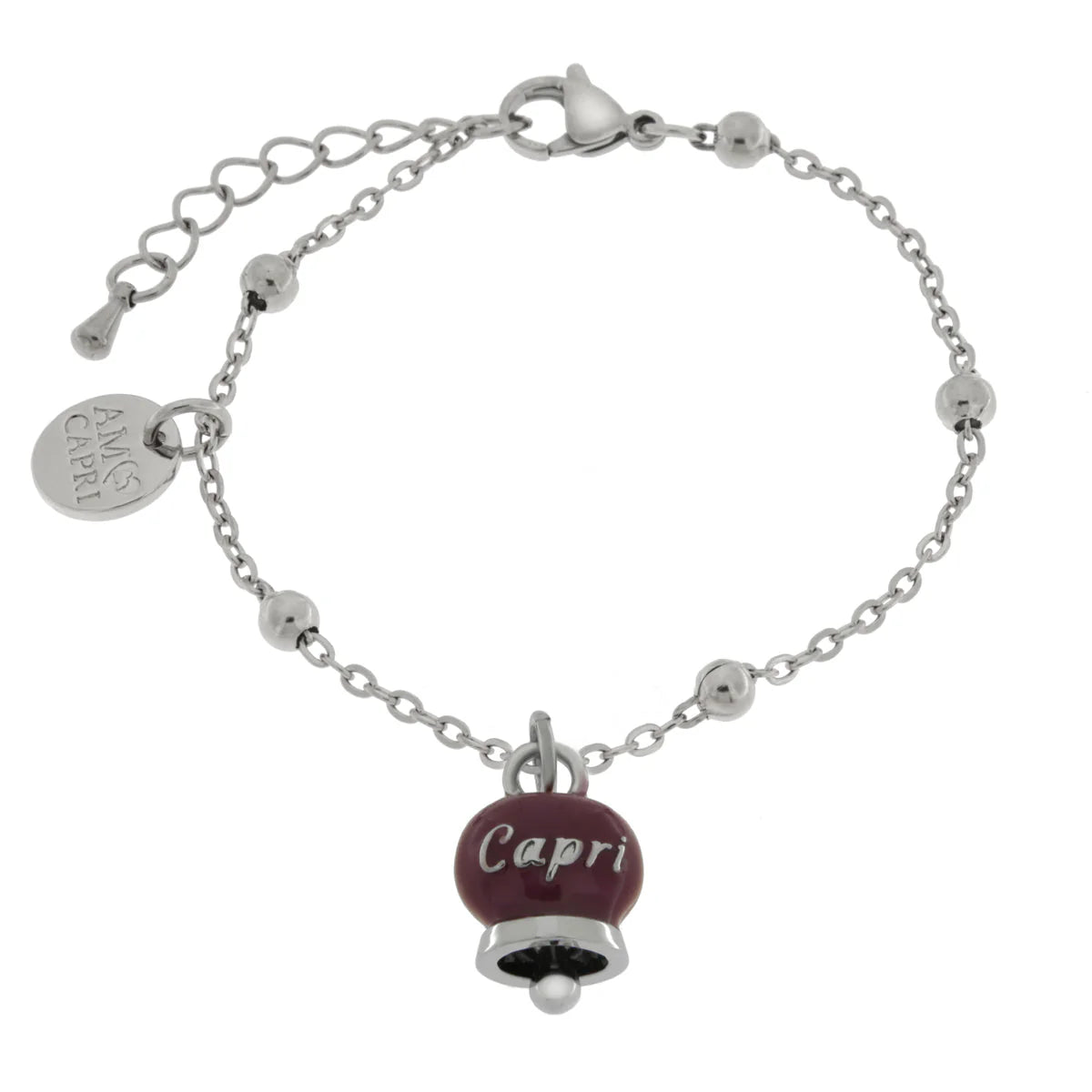 AMO CAPRI - BRACCIALE IN ACCIAIO CON CAMPANELLA PICCOLA BORGOGNA SCRITTA CAPRI
