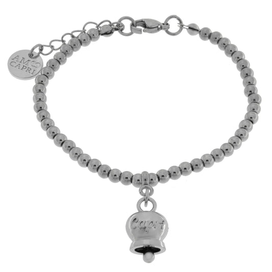 AMO CAPRI - BRACCIALE IN ACCIAIO CON CAMPANELLA PICCOLA RODIO SCRITTA CAPRI