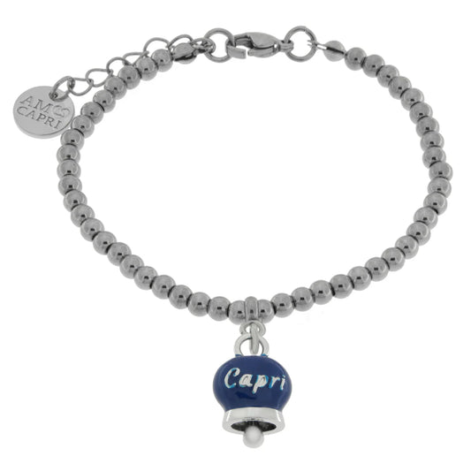 AMO CAPRI - BRACCIALE IN ACCIAIO CON CAMPANELLA BLU PICCOLA SCRITTA CAPRI