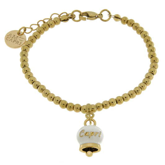 AMO CAPRI - BRACCIALE IN ACCIAIO CON CAMPANELLA PICCOLA BIANCA SCRITTA CAPRI