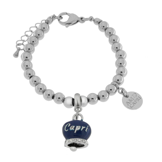 AMO CAPRI - BRACCIALE IN ACCIAIO CON CAMPANELLA BLU SCRITTA CAPRI E ZIRCONI