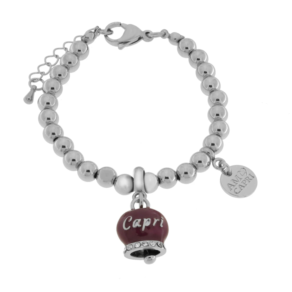 AMO CAPRI - BRACCIALE IN ACCIAIO CON CAMPANELLA BORGOGNA SCRITTA CAPRI E CRISTALLI