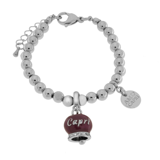 AMO CAPRI - BRACCIALE IN ACCIAIO CON CAMPANELLA BORGOGNA SCRITTA CAPRI E CRISTALLI