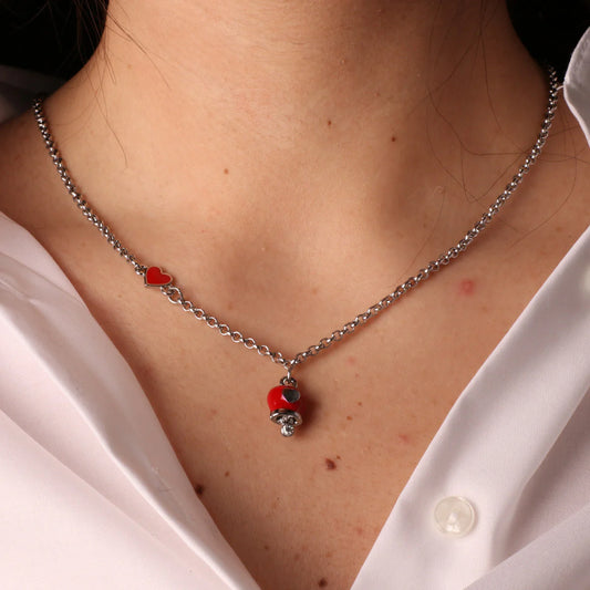 COLLANA IN METALLO RODIO CAMPANELLA ROSSA CUORI
