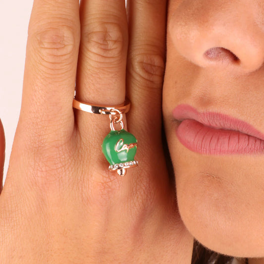 AMO CAPRI - ANELLO METALLO CON CAMPANELLA MINI SMALTO VERDE SCURO E PUNTO LUCE