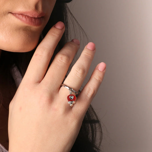 ANELLO METALLO RODIO CAMPANELLA ROSSO CUORE