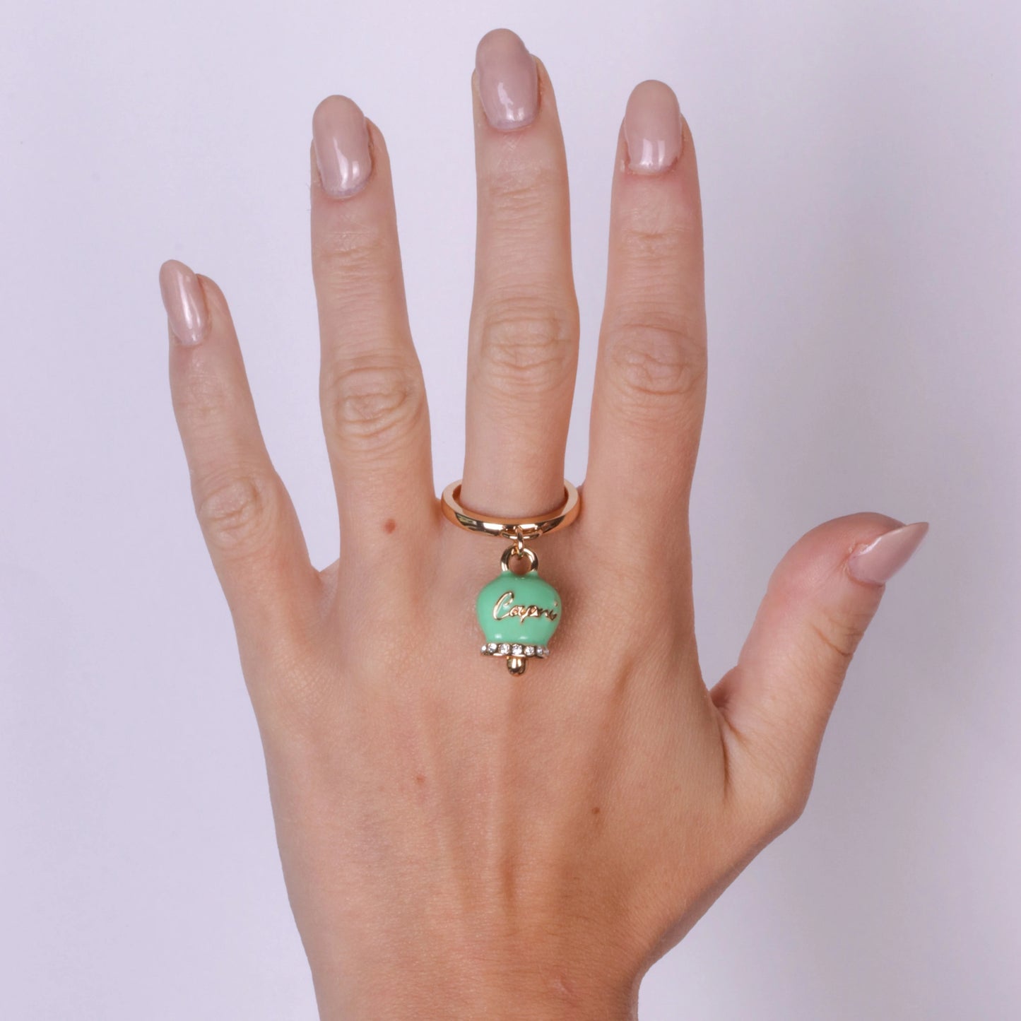 AMO CAPRI - ANELLO METALLO CON CAMPANELLA SMALTO VERDE PRATO E PUNTO LUCE