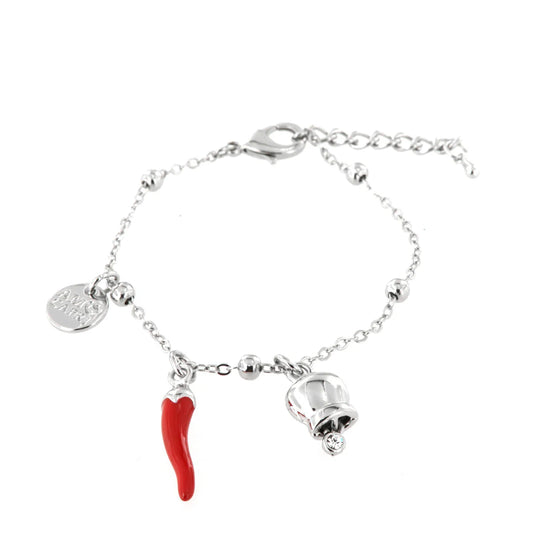 AMO CAPRI - BRACCIALE IN METALLO CON CAMPANELLA E CORNO SMALTATO ROSSO