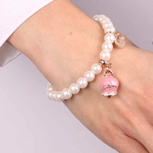 AMO CAPRI - BRACIALE ELASTICO PERLE E CAMPANELLA IN SMALTO ROSA